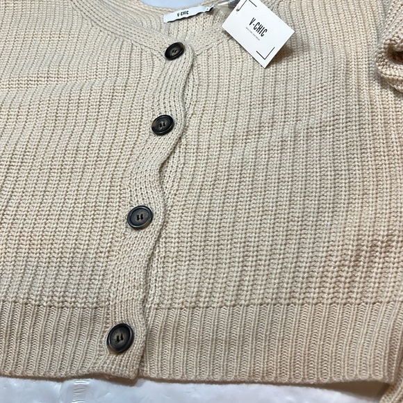 V-Chic cream chunky knit v neck button front cropped boxy sweater acrylic L new - Picture 7 of 16